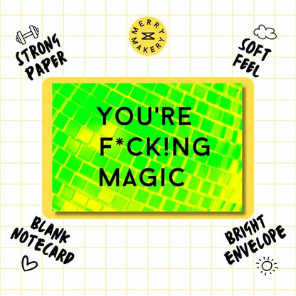 you're fucking magic unique greeting card | neon green disco ball design | blank notecard with bright envelope | thank you | birthday