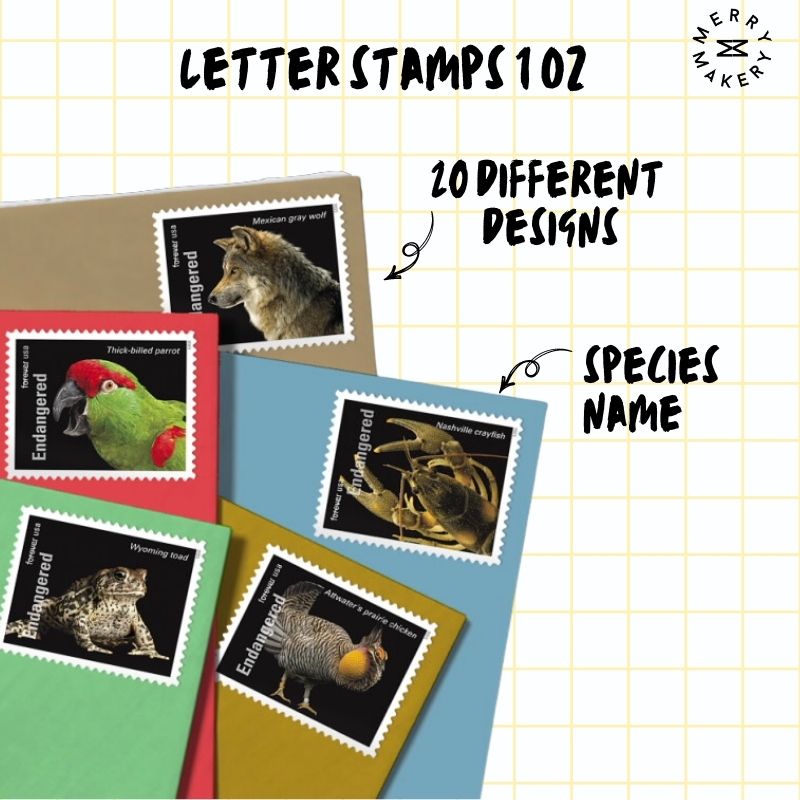 endangered species forever letter stamps | sheet of 20 stamps | exotic animal portrait | unique first class postage