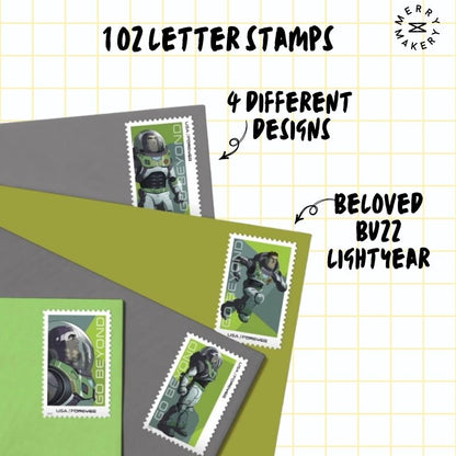 buzz lightyear astronaut forever letter stamps | sheet of 20 stamps | toy story green | unique first class postage