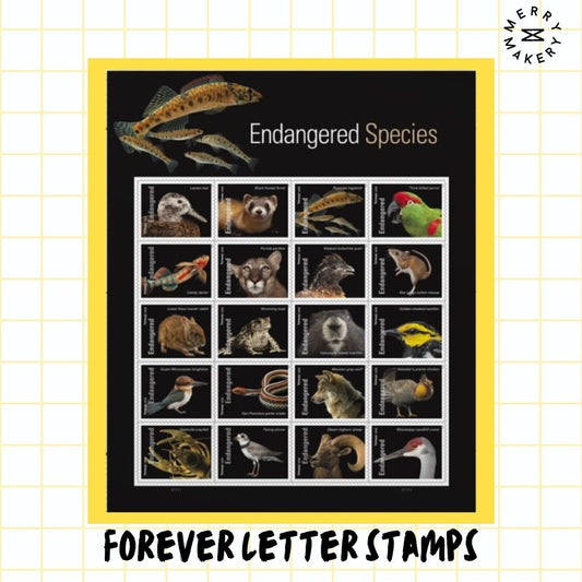 endangered species forever letter stamps | sheet of 20 stamps | exotic animal portrait | unique first class postage