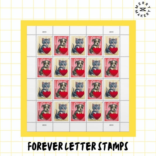 puppy kitten pet love forever letter stamps | sheet of 20 stamps | dogs cats hearts | unique first class postage