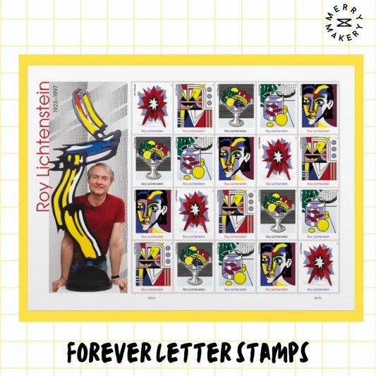 roy lichtenstein pop art forever letter stamps | sheet of 20 stamps | abstract paintings | unique first class postage