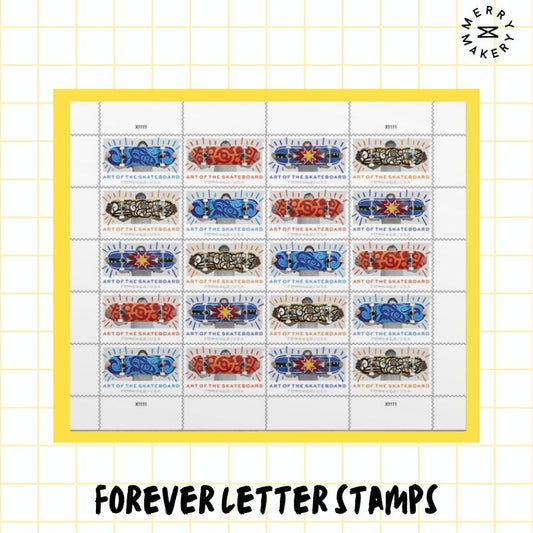 skateboard art forever letter stamps | sheet of 20 stamps | abstract skate decks | unique first class postage