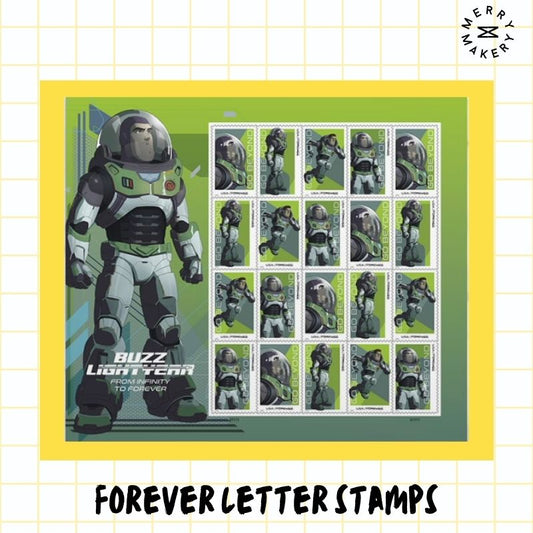 buzz lightyear astronaut forever letter stamps | sheet of 20 stamps | toy story green | unique first class postage